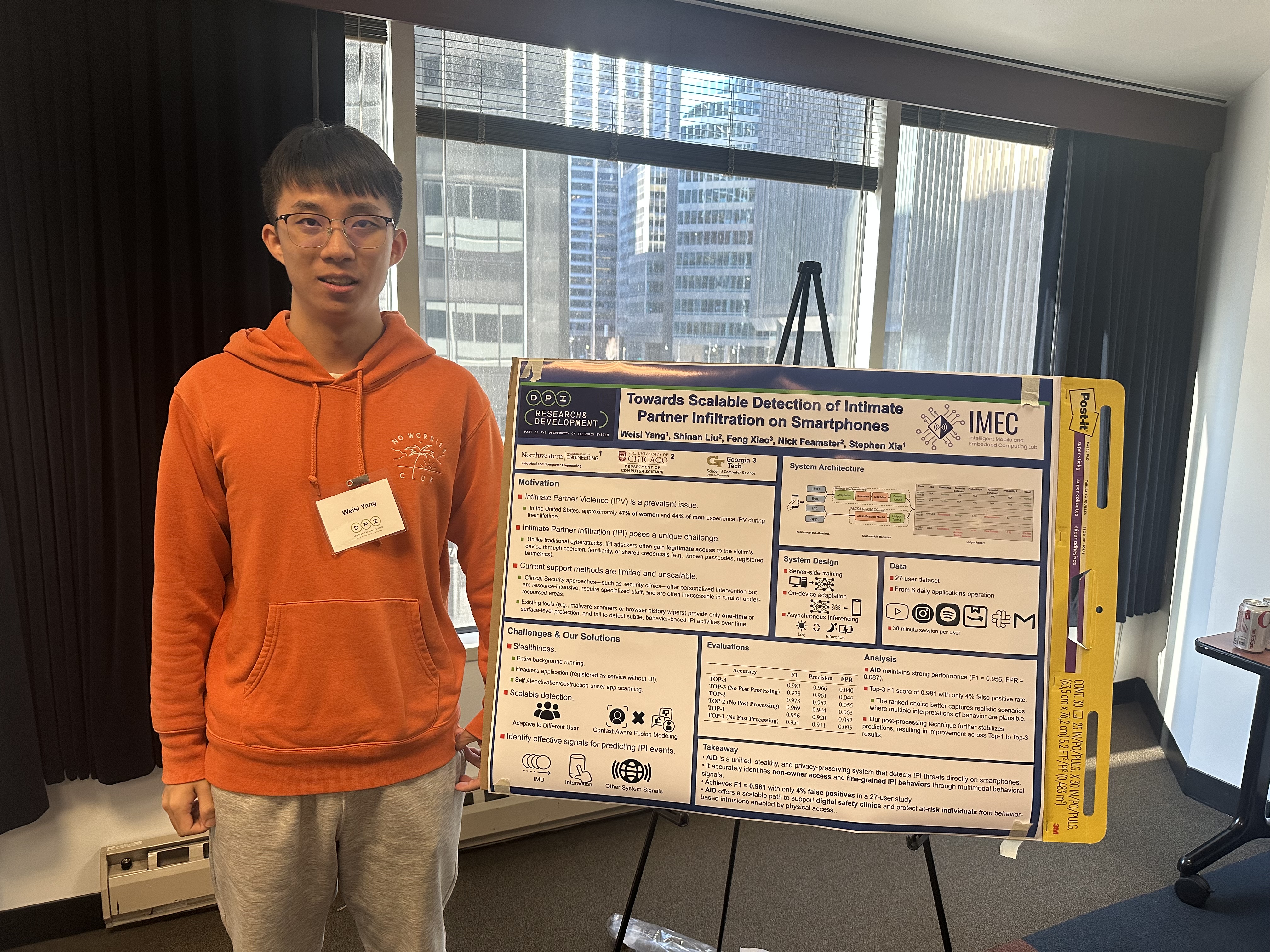 Weisi Yang presents work on detecting intimate partner infiltrations on smartphones at Discovery Partners Institute